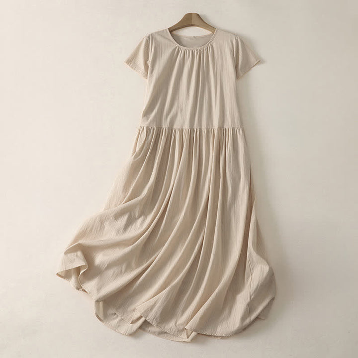 Buddha Stones Summer Casual Minimalist Solid Crew Neck Women's Short Sleeve Dresses With Pockets - PapayaWhip - US12, UK/AU16, EU44 (2XL) - image 0