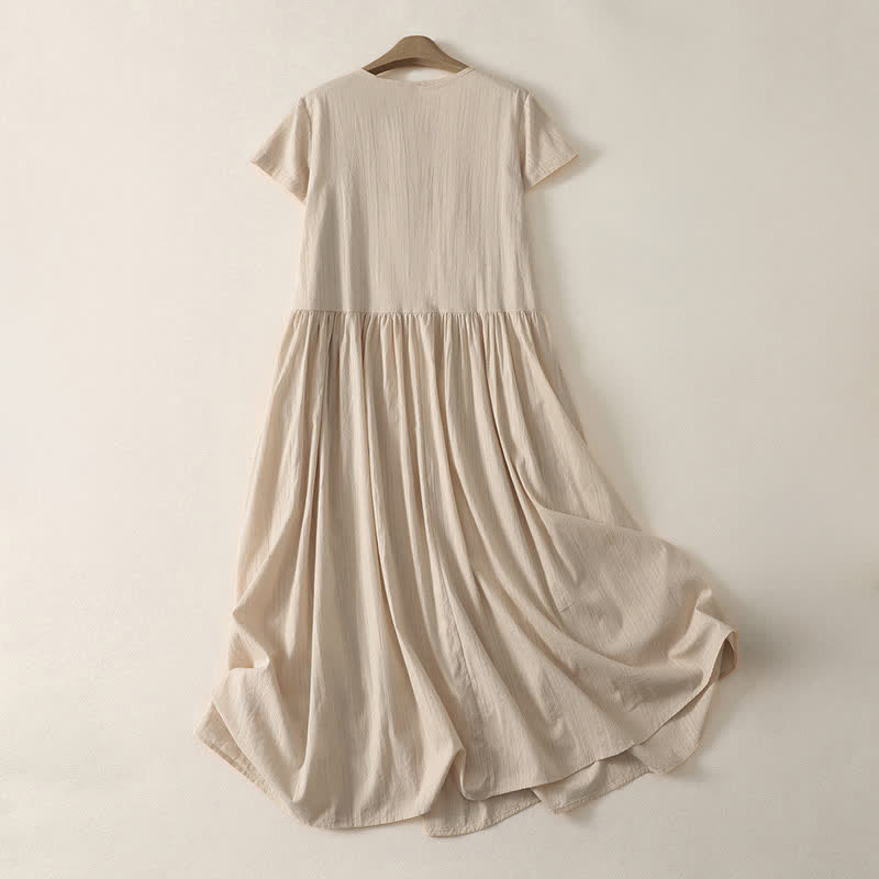 Buddha Stones Summer Casual Minimalist Solid Crew Neck Women's Short Sleeve Dresses With Pockets - image 1