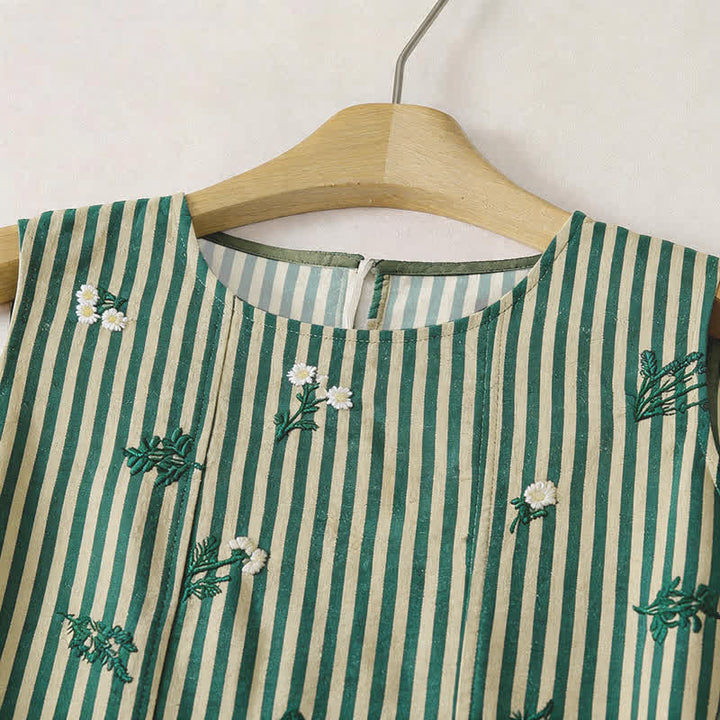 Buddha Stones Summer Casual Minimalist Green Striped Small Floral Women's Summer Sleeveless Dress - image 2