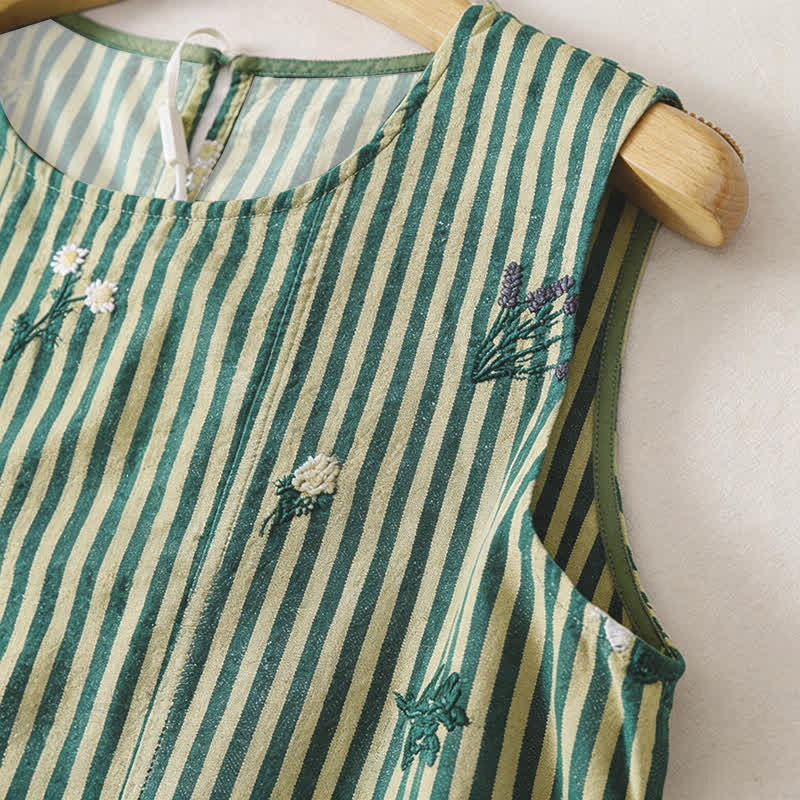 Buddha Stones Summer Casual Minimalist Green Striped Small Floral Women's Summer Sleeveless Dress - image 4