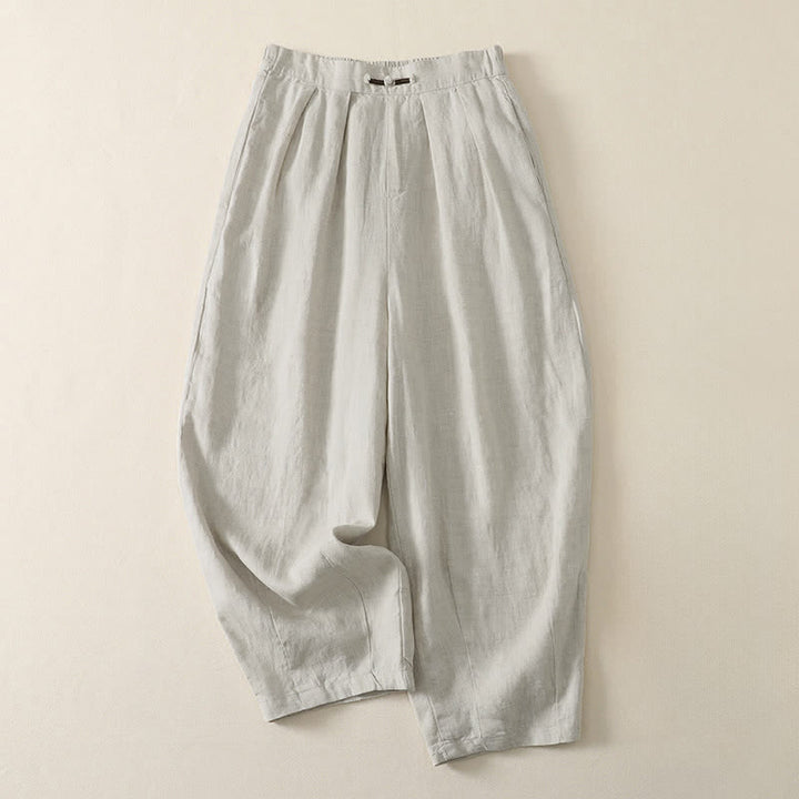 Buddha Stones Summer Casual Minimalist Solid Cropped Pants Pleated Women's Harem Pants With Pockets - Linen - US8-10, UK/AU12-14, EU40-42 (2XL) - image 0