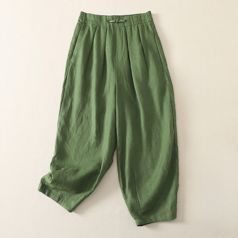Buddha Stones Summer Casual Minimalist Solid Cropped Pants Pleated Women's Harem Pants With Pockets - SeaGreen - US8-10, UK/AU12-14, EU40-42 (2XL) - image 13
