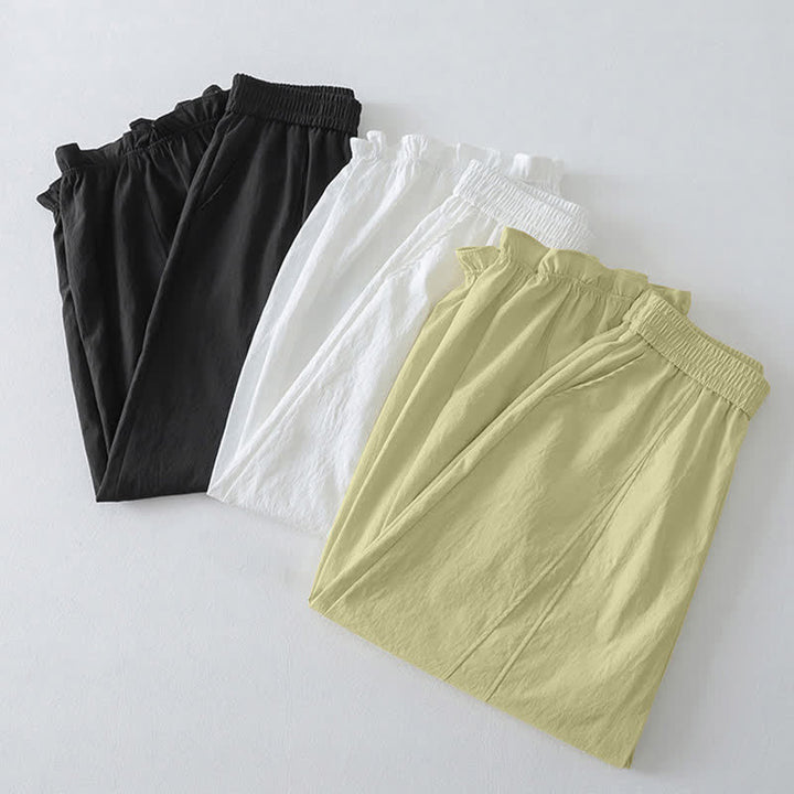 Buddha Stones Summer Casual Minimalist Solid Ruffled Hem Ankle Pants Women's Harem Pants With Pockets - image 22