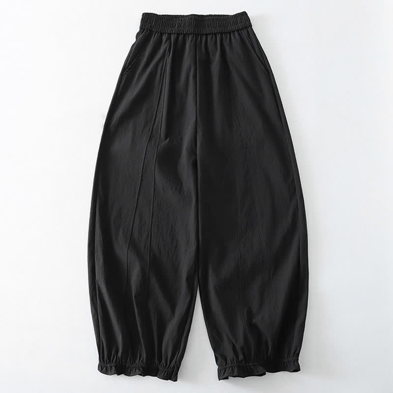 Buddha Stones Summer Casual Minimalist Solid Ruffled Hem Ankle Pants Women's Harem Pants With Pockets - Black - US8-10, UK/AU12-14, EU40-42 (2XL) - image 6