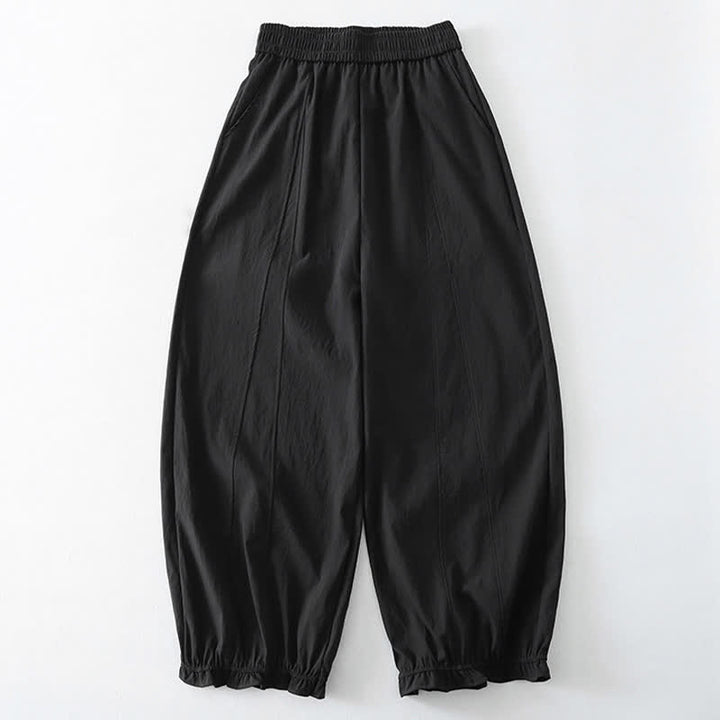 Buddha Stones Summer Casual Minimalist Solid Ruffled Hem Ankle Pants Women's Harem Pants With Pockets - Black - US8-10, UK/AU12-14, EU40-42 (2XL) - image 6