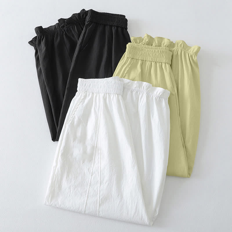 Buddha Stones Summer Casual Minimalist Solid Ruffled Hem Ankle Pants Women's Harem Pants With Pockets - image 21