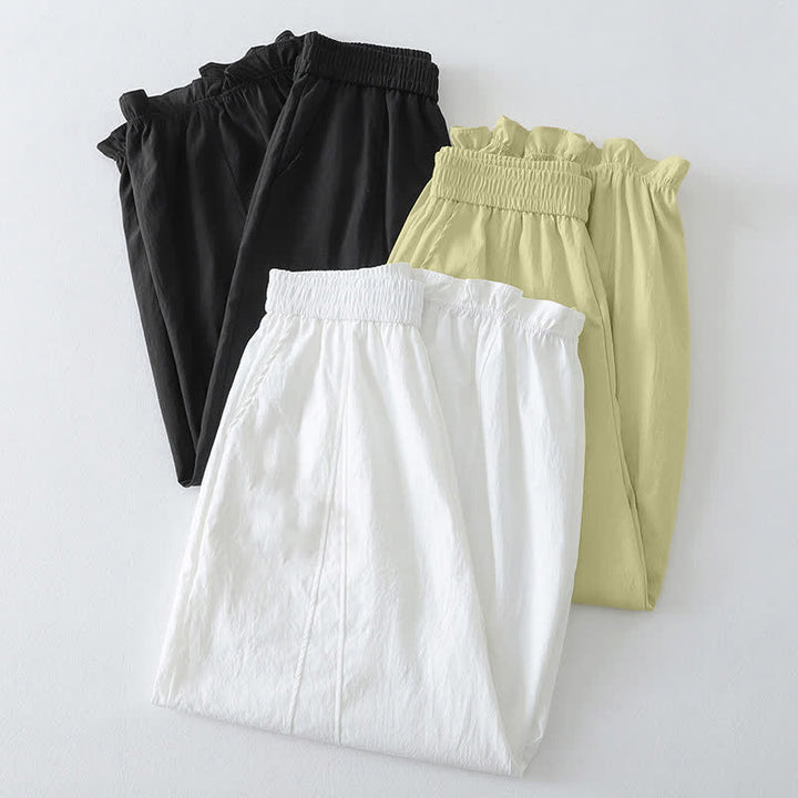 Buddha Stones Summer Casual Minimalist Solid Ruffled Hem Ankle Pants Women's Harem Pants With Pockets - image 21