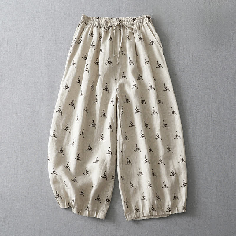 Buddha Stones Summer Casual Vintage Drawstring Floral Polka dots Cropped Pants Women's Harem Pants With Pocket - Snow - US8-10，UK/AU12-14，EU40-42 (2XL) - image 0