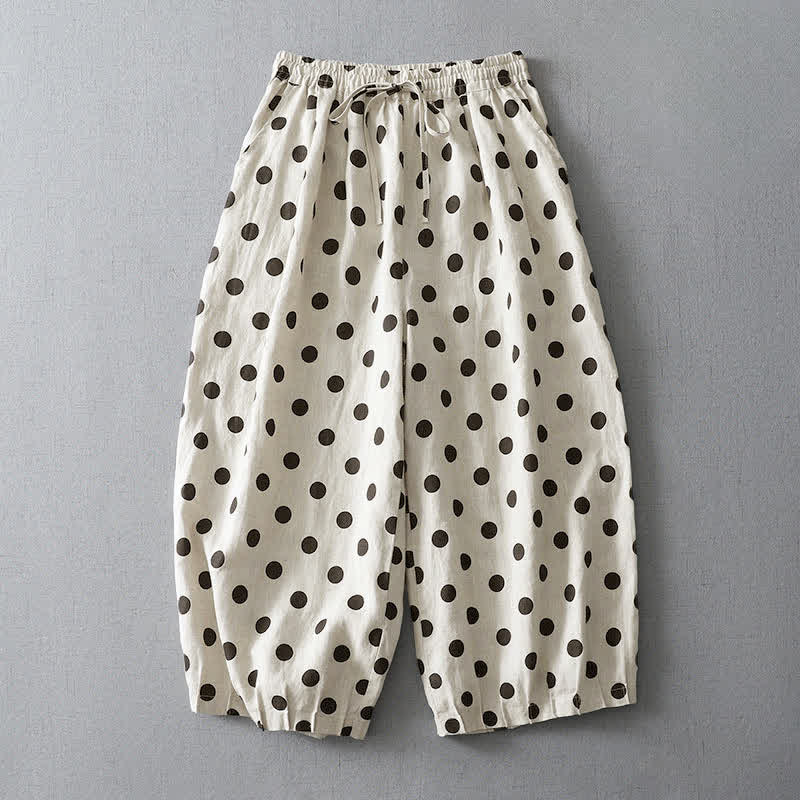 Buddha Stones Summer Casual Vintage Drawstring Floral Polka dots Cropped Pants Women's Harem Pants With Pocket - White - US8-10，UK/AU12-14，EU40-42 (2XL) - image 5