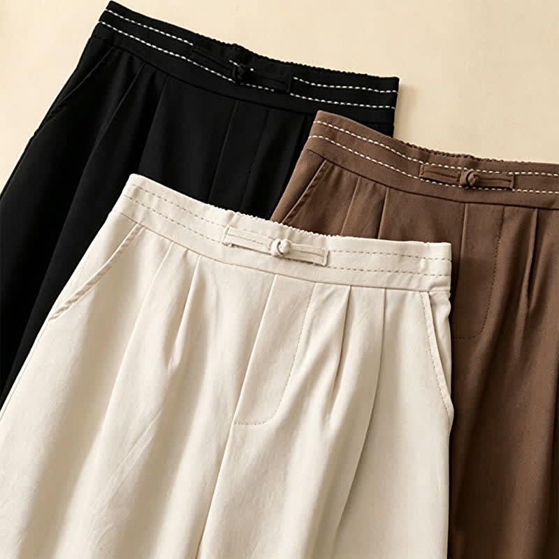 Buddha Stones Summer Casual Minimalist Solid Ankle Pants One Frog Button Women's Straight Leg Pants With Pockets - image 22