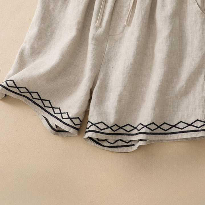Buddha Stones Summer Casual Minimalist Drawstring Embroidery Wavy Lines Geometric Women's Shorts With Pockets - image 20