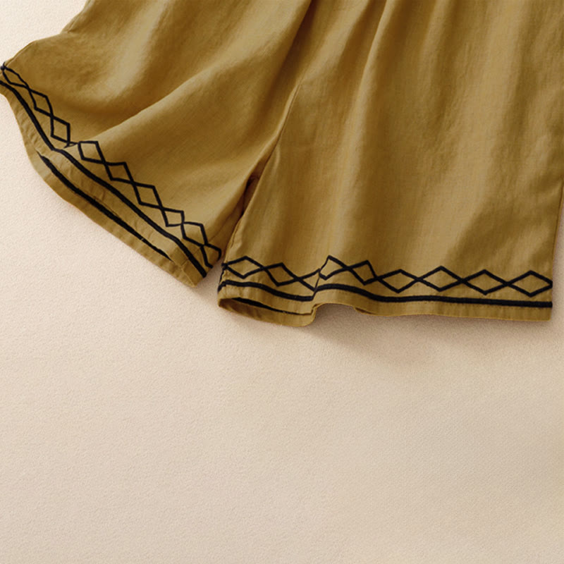 Buddha Stones Summer Casual Minimalist Drawstring Embroidery Wavy Lines Geometric Women's Shorts With Pockets - image 3