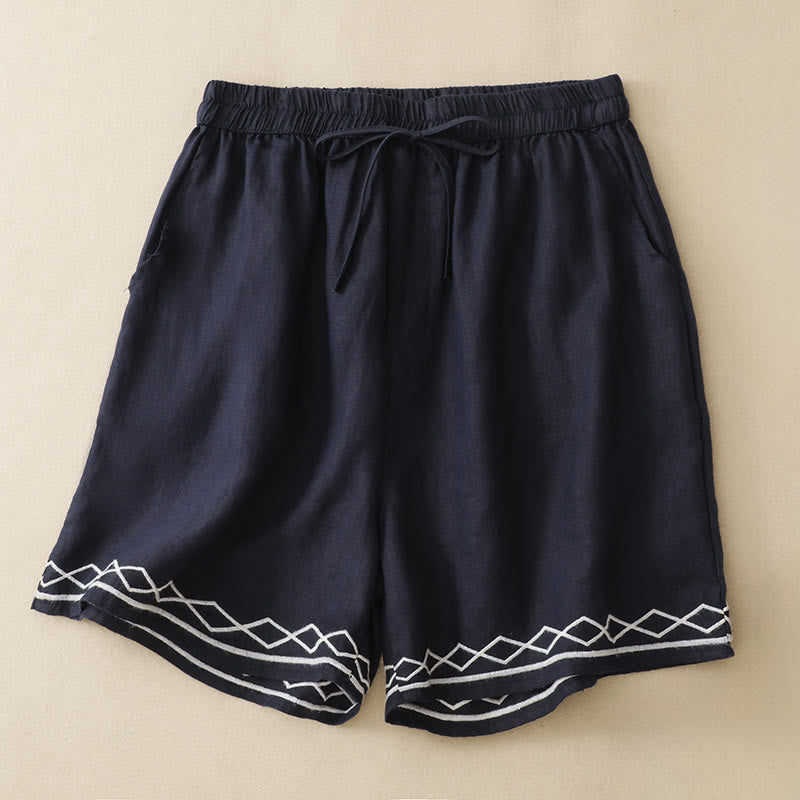 Buddha Stones Summer Casual Minimalist Drawstring Embroidery Wavy Lines Geometric Women's Shorts With Pockets - Navy - US8-10, UK/AU12-14, EU40-42 (2XL) - image 5