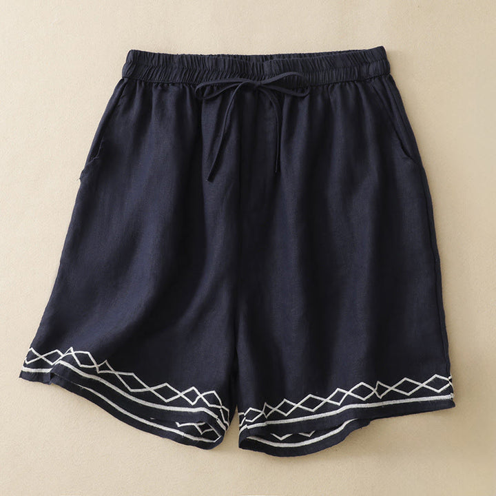 Buddha Stones Summer Casual Minimalist Drawstring Embroidery Wavy Lines Geometric Women's Shorts With Pockets - Navy - US8-10, UK/AU12-14, EU40-42 (2XL) - image 5