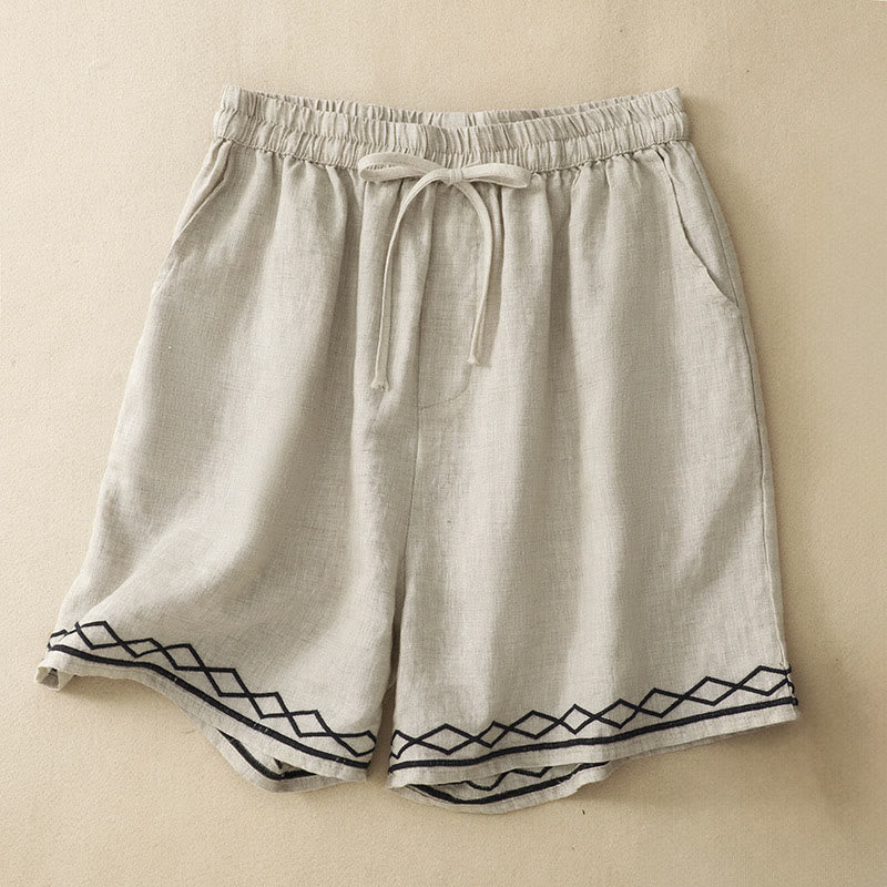 Buddha Stones Summer Casual Minimalist Drawstring Embroidery Wavy Lines Geometric Women's Shorts With Pockets - Wheat - US8-10, UK/AU12-14, EU40-42 (2XL) - image 15