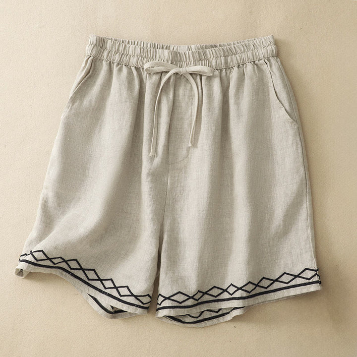 Buddha Stones Summer Casual Minimalist Drawstring Embroidery Wavy Lines Geometric Women's Shorts With Pockets - Wheat - US8-10, UK/AU12-14, EU40-42 (2XL) - image 15