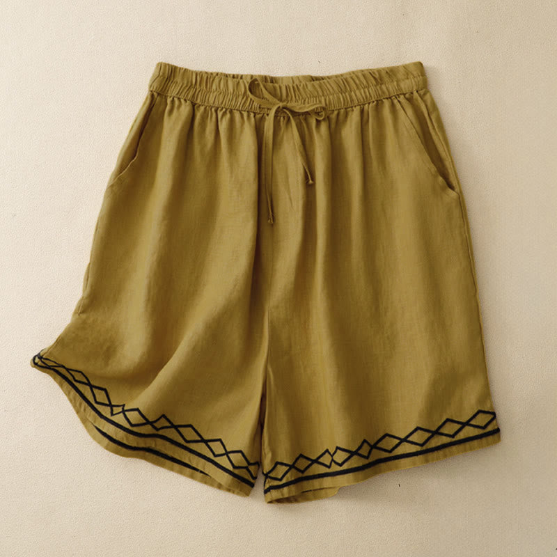 Buddha Stones Summer Casual Minimalist Drawstring Embroidery Wavy Lines Geometric Women's Shorts With Pockets - Goldenrod - US8-10, UK/AU12-14, EU40-42 (2XL) - image 0