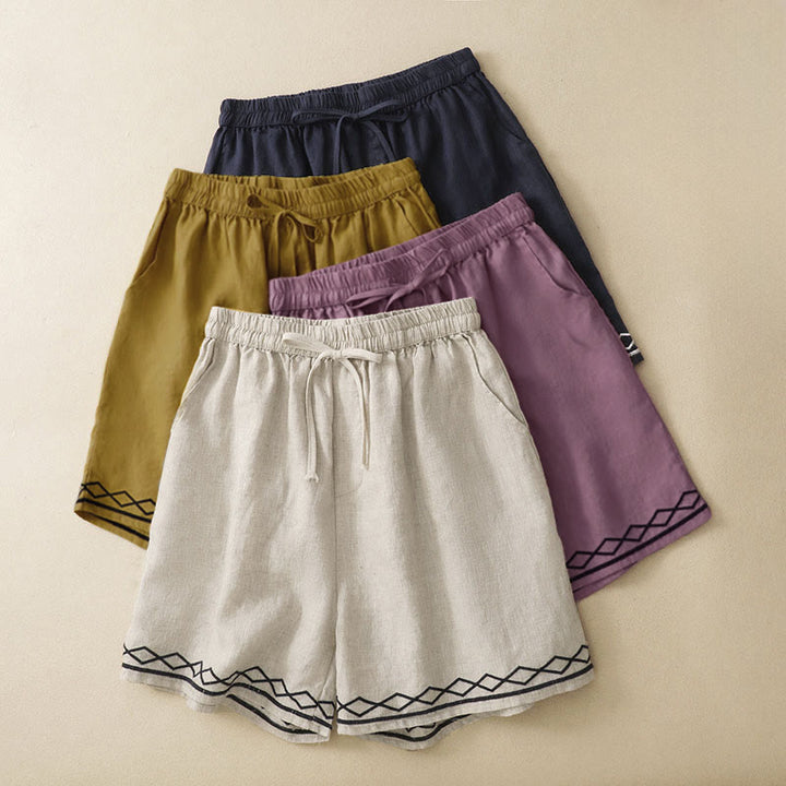 Buddha Stones Summer Casual Minimalist Drawstring Embroidery Wavy Lines Geometric Women's Shorts With Pockets - image 23