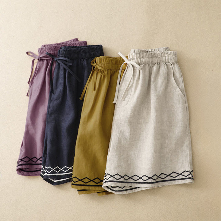 Buddha Stones Summer Casual Minimalist Drawstring Embroidery Wavy Lines Geometric Women's Shorts With Pockets - image 24