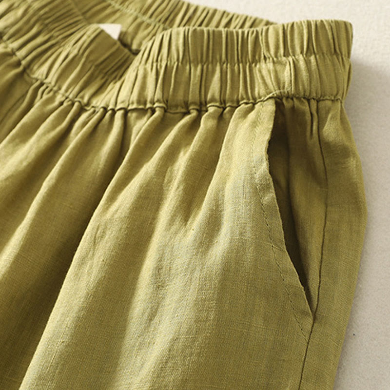 Buddha Stones Summer Casual Vintage Solid Elastic Waist Ruffled Hem Women's Shorts With Pockets - image 18