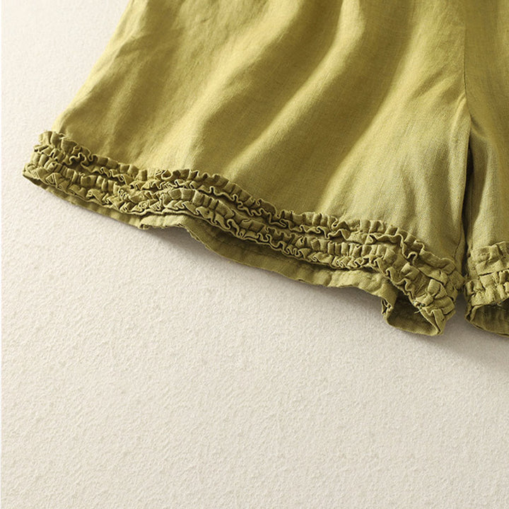 Buddha Stones Summer Casual Vintage Solid Elastic Waist Ruffled Hem Women's Shorts With Pockets - image 19