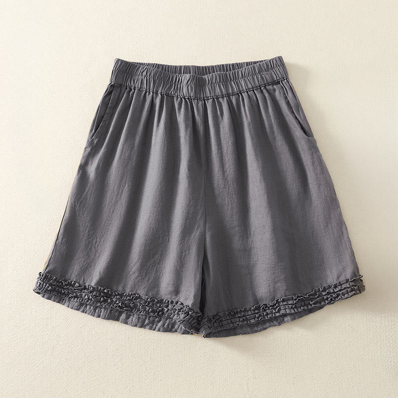 Buddha Stones Summer Casual Vintage Solid Elastic Waist Ruffled Hem Women's Shorts With Pockets - DimGray - US8-10, UK/AU12-14, EU40-42 (2XL) - image 13