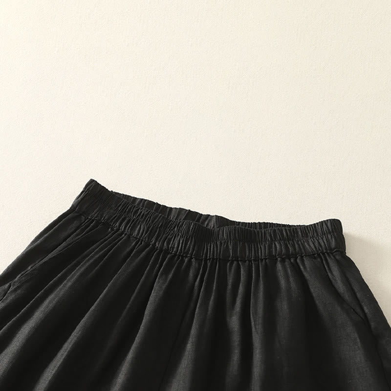Buddha Stones Summer Casual Vintage Solid Elastic Waist Ruffled Hem Women's Shorts With Pockets - image 5