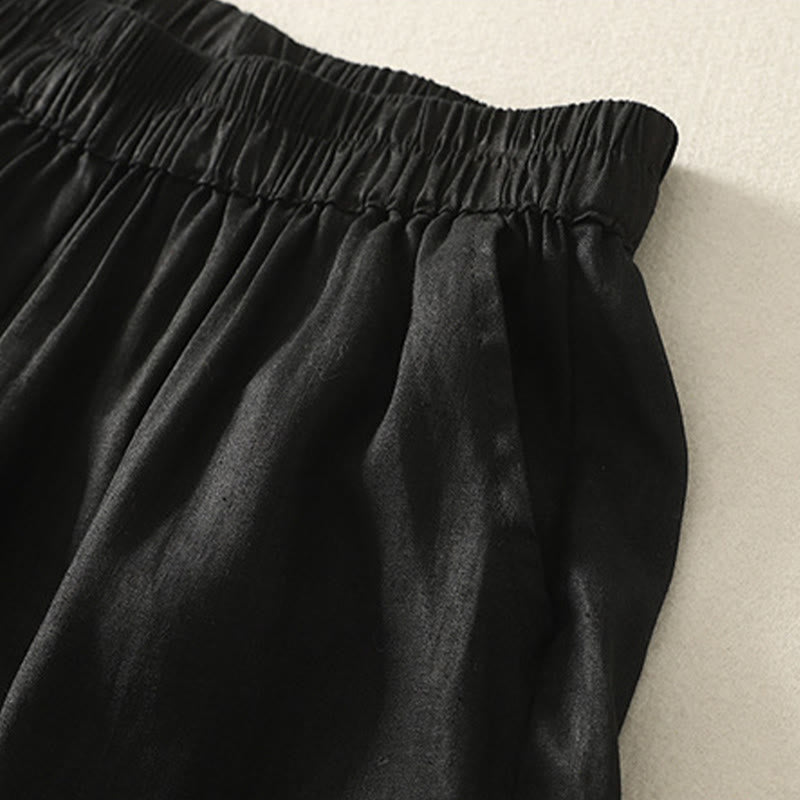 Buddha Stones Summer Casual Vintage Solid Elastic Waist Ruffled Hem Women's Shorts With Pockets - image 6