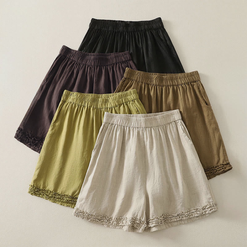 Buddha Stones Summer Casual Vintage Solid Elastic Waist Ruffled Hem Women's Shorts With Pockets - image 28