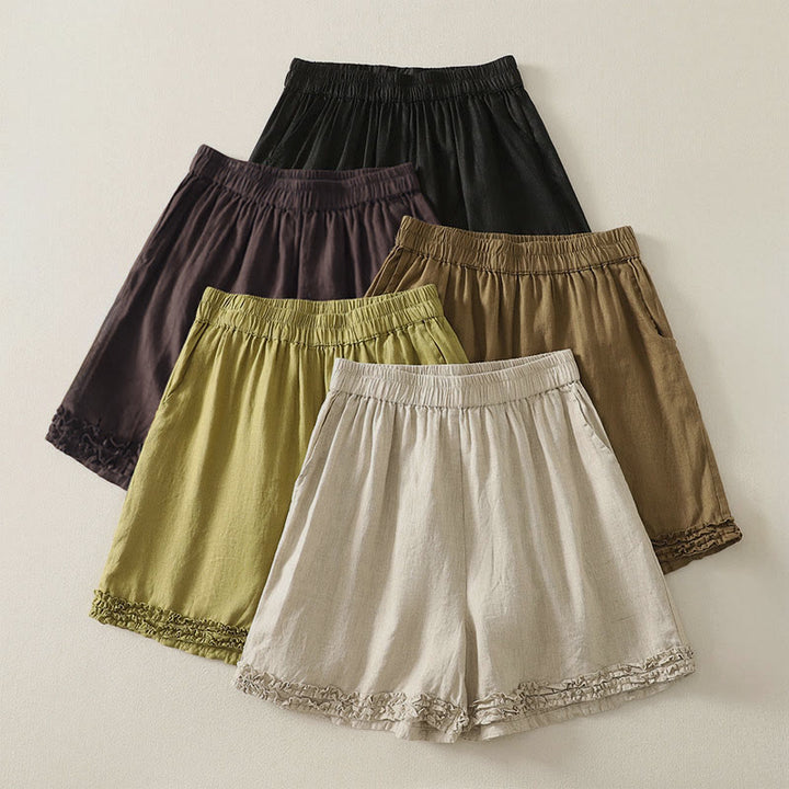 Buddha Stones Summer Casual Vintage Solid Elastic Waist Ruffled Hem Women's Shorts With Pockets - image 28