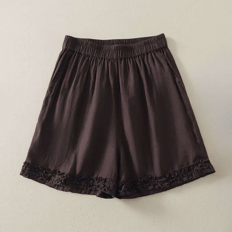 Buddha Stones Summer Casual Vintage Solid Elastic Waist Ruffled Hem Women's Shorts With Pockets - SaddleBrown - US8-10, UK/AU12-14, EU40-42 (2XL) - image 9