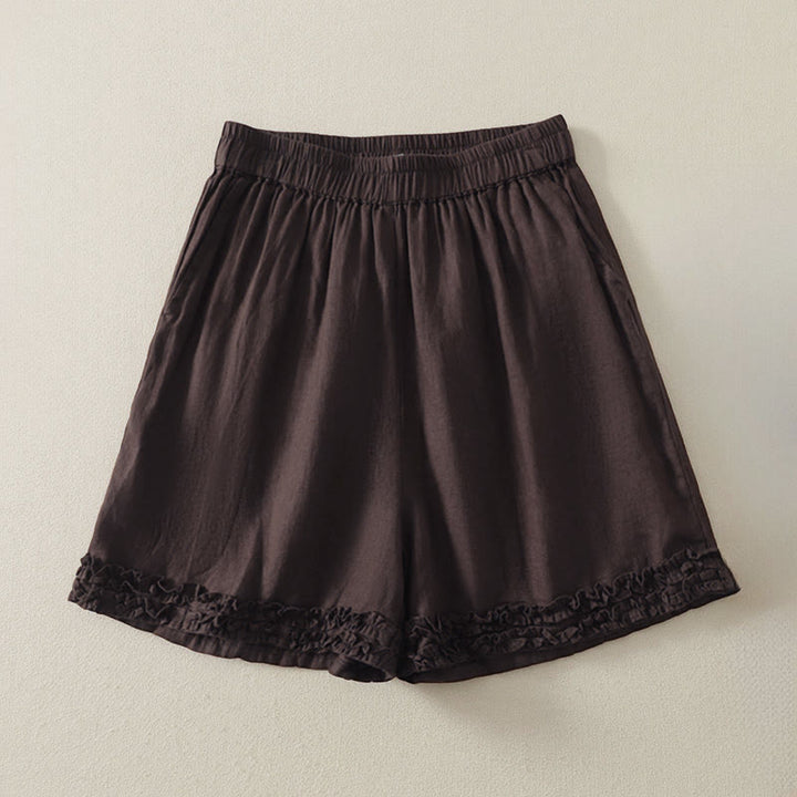 Buddha Stones Summer Casual Vintage Solid Elastic Waist Ruffled Hem Women's Shorts With Pockets - SaddleBrown - US8-10, UK/AU12-14, EU40-42 (2XL) - image 9