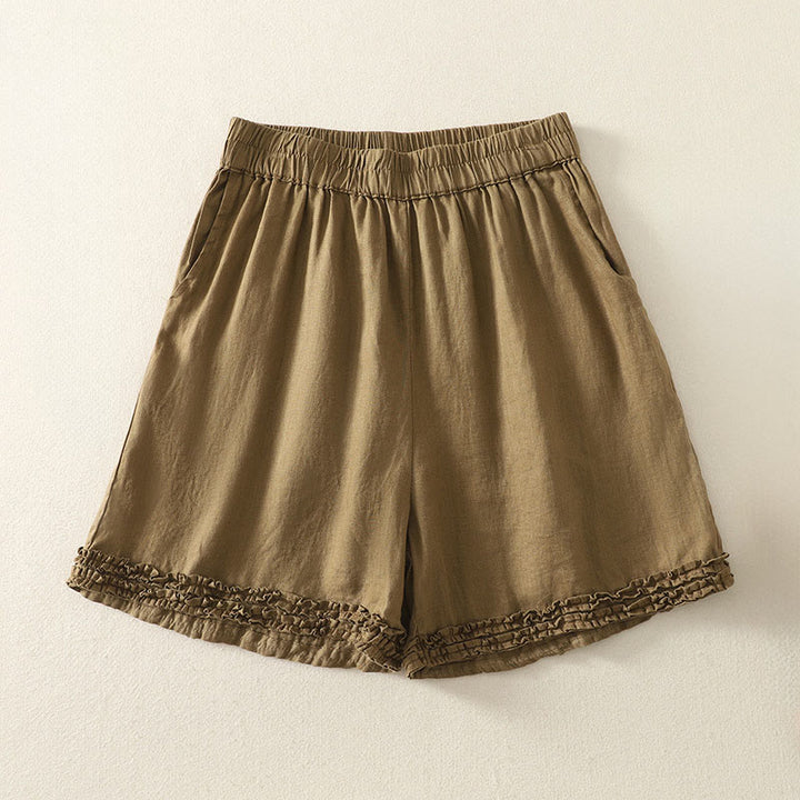 Buddha Stones Summer Casual Vintage Solid Elastic Waist Ruffled Hem Women's Shorts With Pockets - image 1
