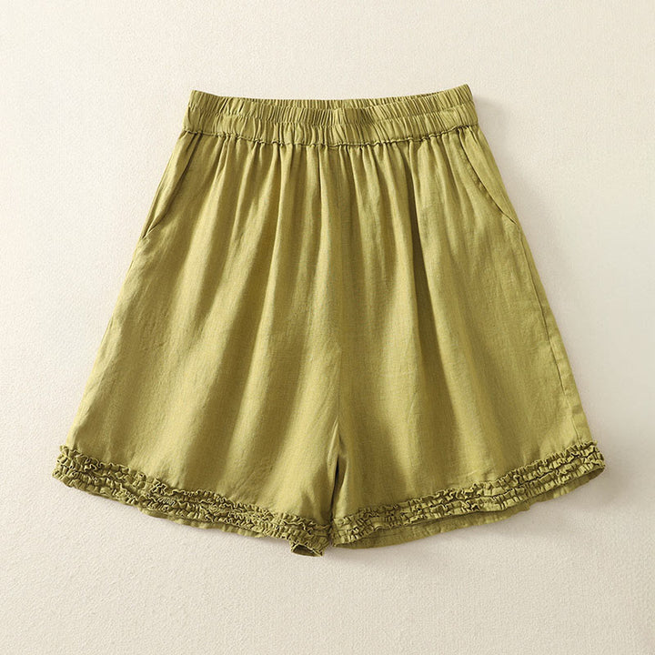 Buddha Stones Summer Casual Vintage Solid Elastic Waist Ruffled Hem Women's Shorts With Pockets - DarkKhaki - US8-10, UK/AU12-14, EU40-42 (2XL) - image 16
