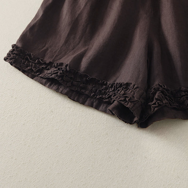 Buddha Stones Summer Casual Vintage Solid Elastic Waist Ruffled Hem Women's Shorts With Pockets - image 12