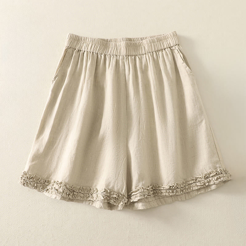 Buddha Stones Summer Casual Vintage Solid Elastic Waist Ruffled Hem Women's Shorts With Pockets - Beige - US8-10, UK/AU12-14, EU40-42 (2XL) - image 21