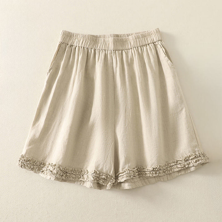 Buddha Stones Summer Casual Vintage Solid Elastic Waist Ruffled Hem Women's Shorts With Pockets - Beige - US8-10, UK/AU12-14, EU40-42 (2XL) - image 21