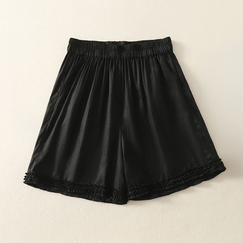 Buddha Stones Summer Casual Vintage Solid Elastic Waist Ruffled Hem Women's Shorts With Pockets - Black - US8-10, UK/AU12-14, EU40-42 (2XL) - image 4