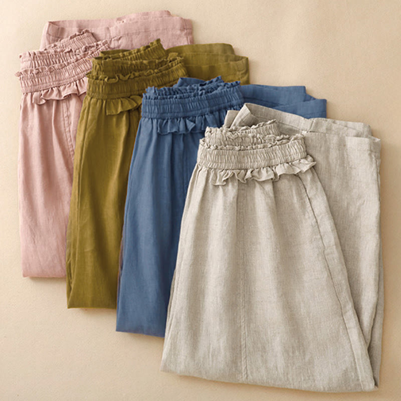 Buddha Stones Summer Casual Minimalist Solid Ruffled Elastic Waist Cropped Pants Women's Straight Leg Pants With Pocket - image 24