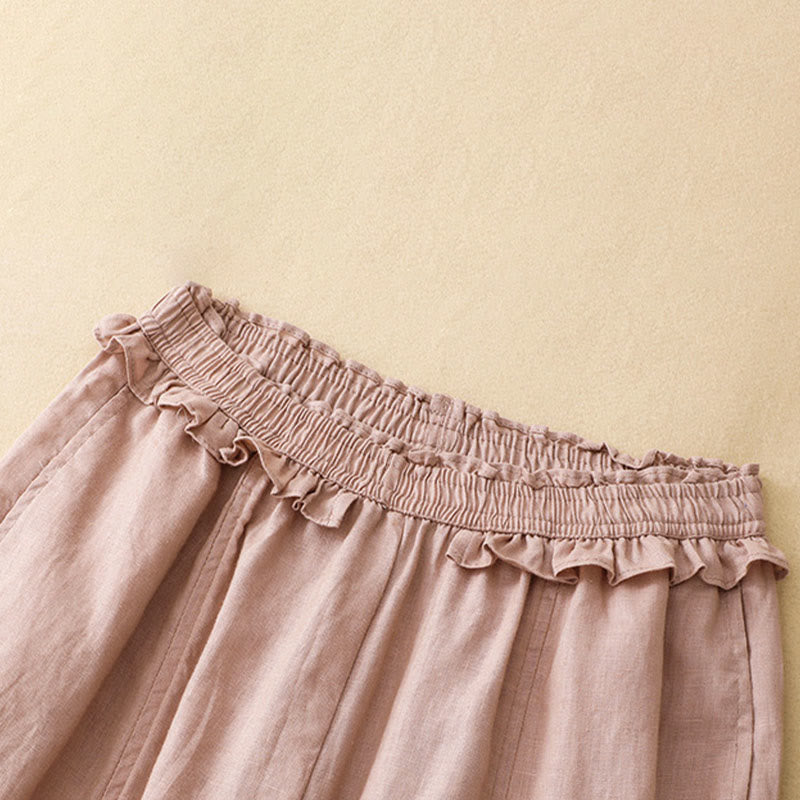 Buddha Stones Summer Casual Minimalist Solid Ruffled Elastic Waist Cropped Pants Women's Straight Leg Pants With Pocket - image 1