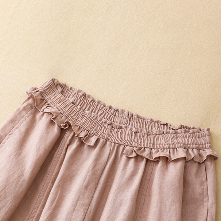 Buddha Stones Summer Casual Minimalist Solid Ruffled Elastic Waist Cropped Pants Women's Straight Leg Pants With Pocket - image 1