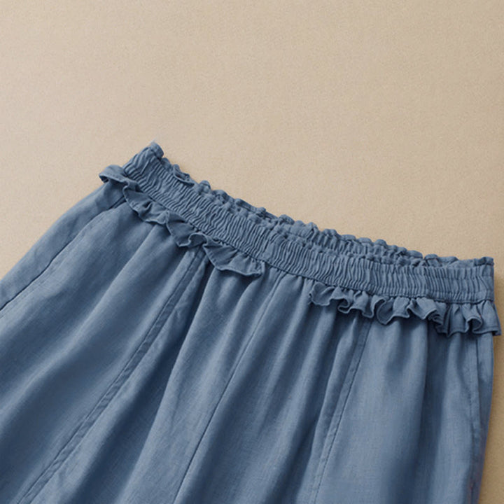 Buddha Stones Summer Casual Minimalist Solid Ruffled Elastic Waist Cropped Pants Women's Straight Leg Pants With Pocket - image 6