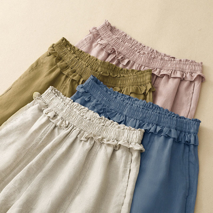 Buddha Stones Summer Casual Minimalist Solid Ruffled Elastic Waist Cropped Pants Women's Straight Leg Pants With Pocket - image 25
