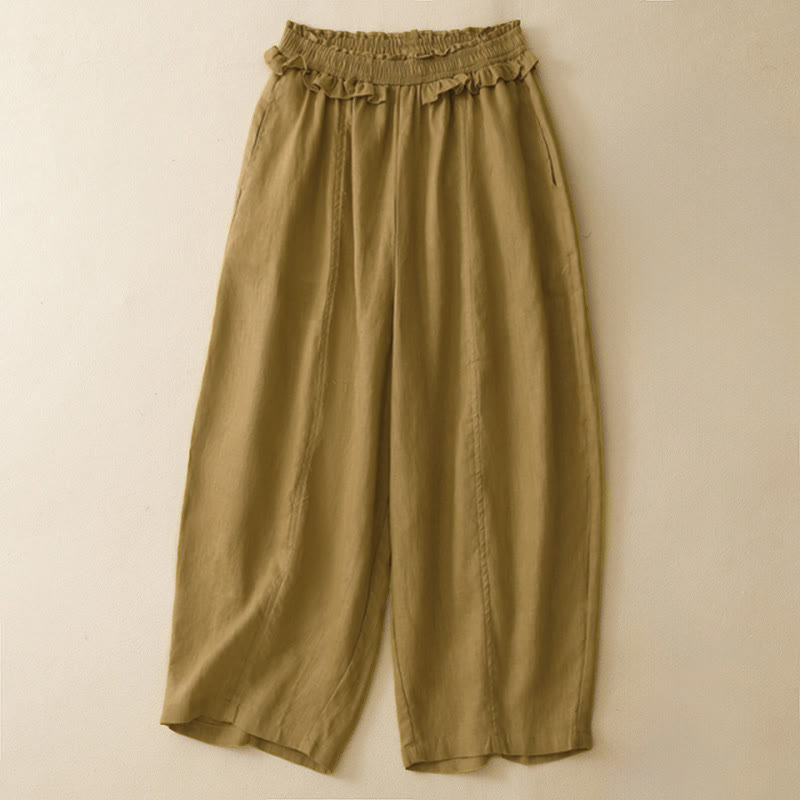 Buddha Stones Summer Casual Minimalist Solid Ruffled Elastic Waist Cropped Pants Women's Straight Leg Pants With Pocket - Goldenrod - US8-10, UK/AU12-14, EU40-42 (2XL) - image 10