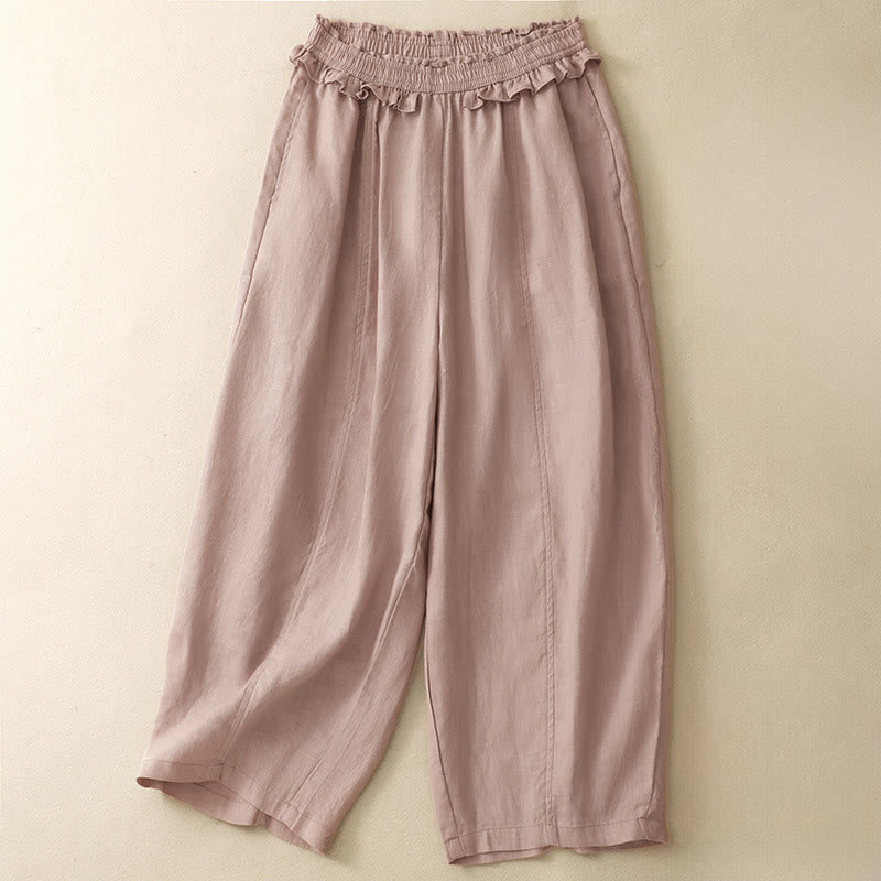 Buddha Stones Summer Casual Minimalist Solid Ruffled Elastic Waist Cropped Pants Women's Straight Leg Pants With Pocket - LightPink - US8-10, UK/AU12-14, EU40-42 (2XL) - image 0