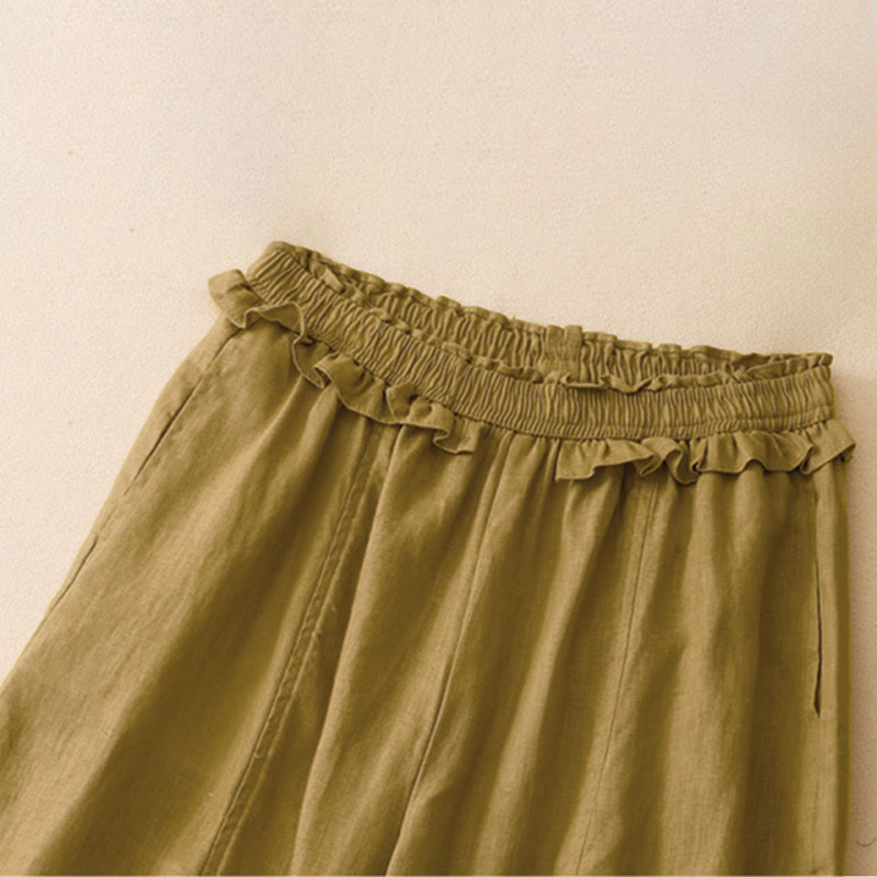 Buddha Stones Summer Casual Minimalist Solid Ruffled Elastic Waist Cropped Pants Women's Straight Leg Pants With Pocket - image 11
