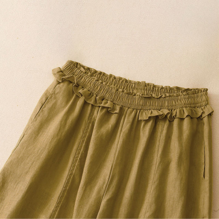 Buddha Stones Summer Casual Minimalist Solid Ruffled Elastic Waist Cropped Pants Women's Straight Leg Pants With Pocket - image 11