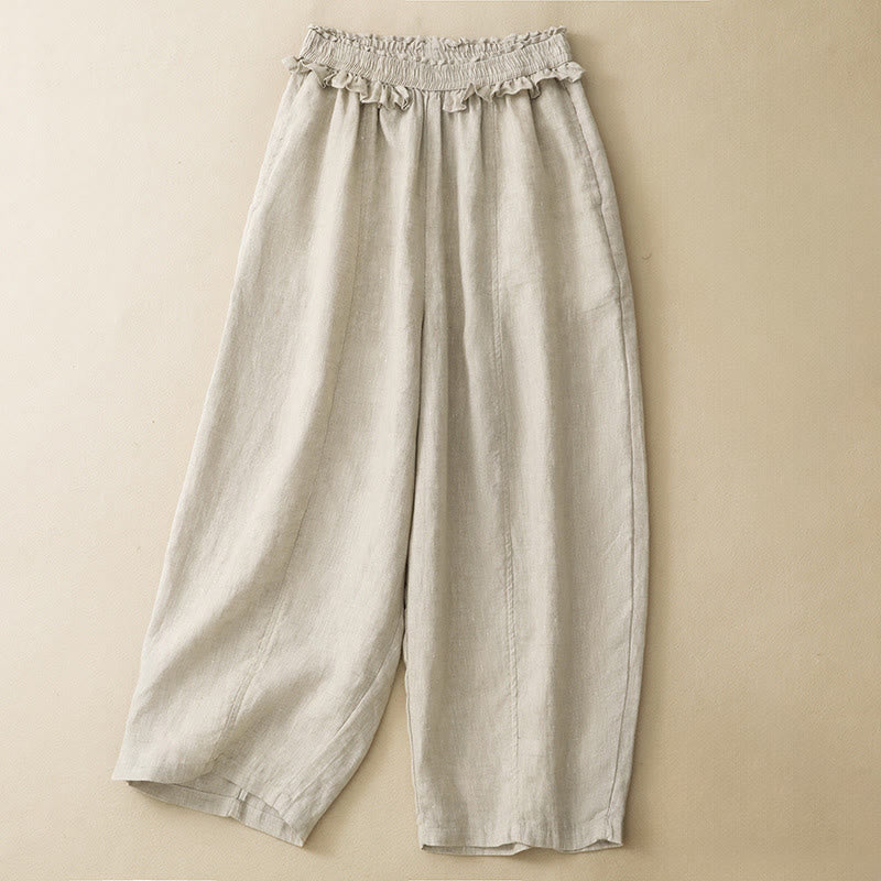 Buddha Stones Summer Casual Minimalist Solid Ruffled Elastic Waist Cropped Pants Women's Straight Leg Pants With Pocket - Beige - US8-10, UK/AU12-14, EU40-42 (2XL) - image 15
