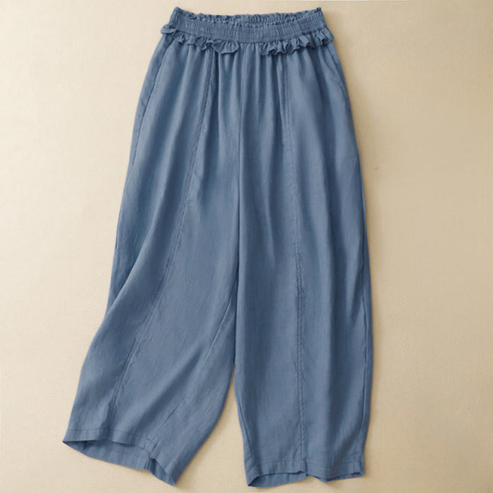 Buddha Stones Summer Casual Minimalist Solid Ruffled Elastic Waist Cropped Pants Women's Straight Leg Pants With Pocket - LightSteelBlue - US8-10, UK/AU12-14, EU40-42 (2XL) - image 5