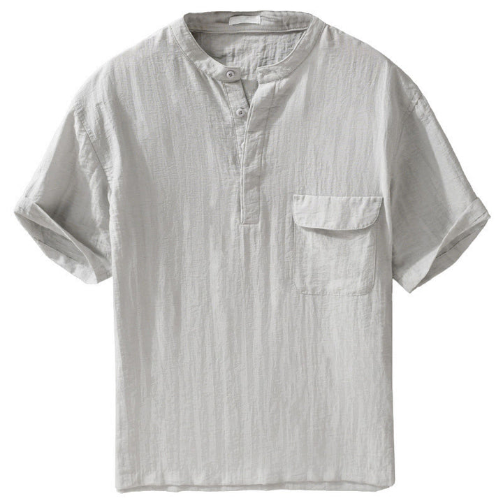 Buddha Stones Summer Casual Tang Style Mandarin Collar Half Buttons Solid Men's Short Sleeve Shirts With Decorative Pocket - image 2